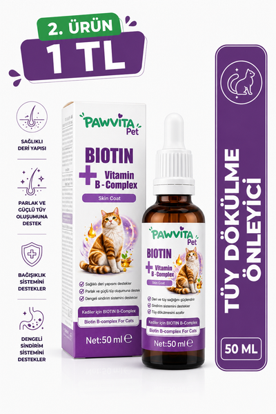 PawVitaPet Kediler İçin Deri & Tüy Sağlığını Destekleyici Biotin & B-Complex Sıvı Damla (50 ml)