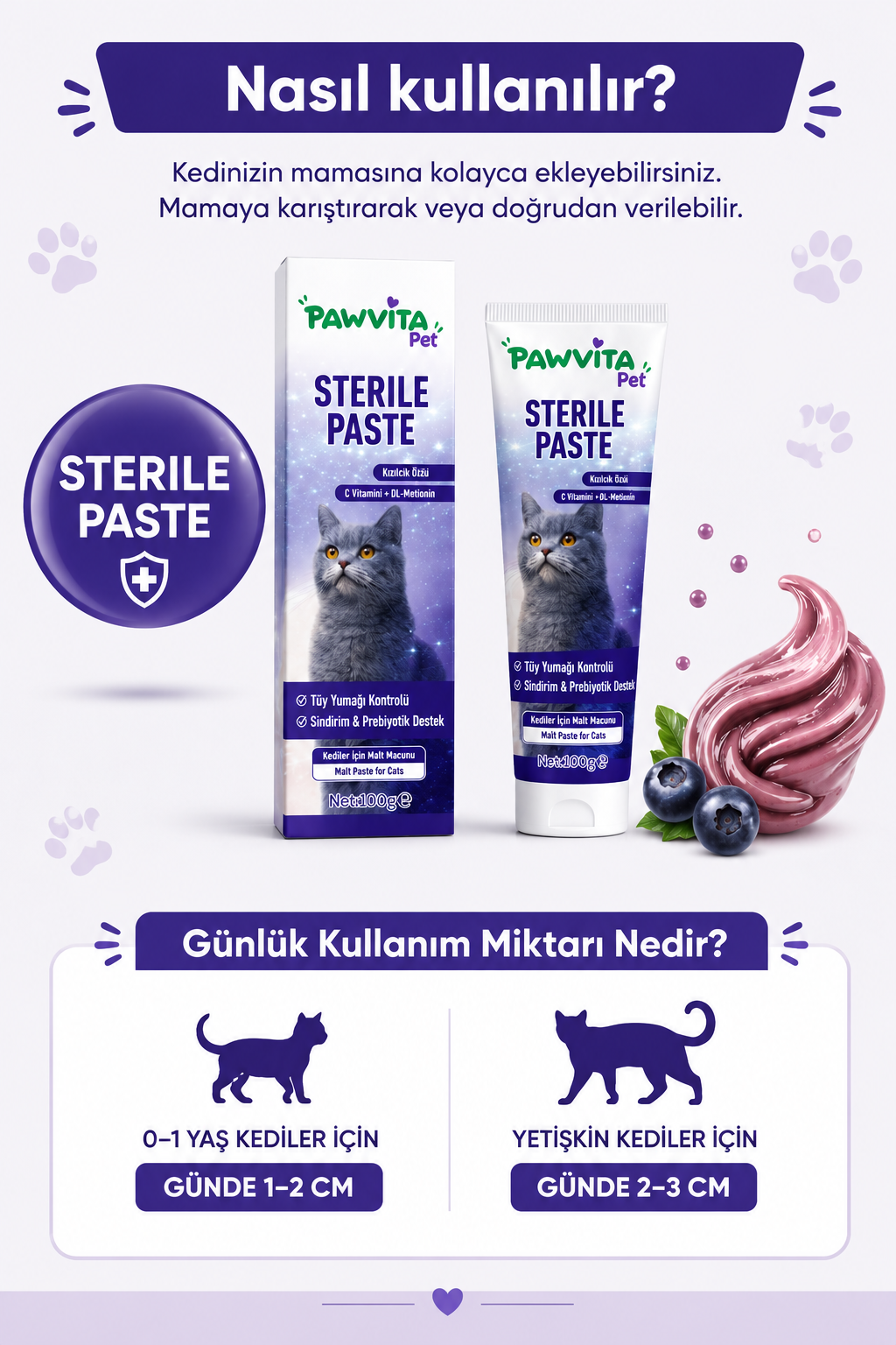 PawVitaPet Kedi Malt Macunu – Tüy Dökülmesini Azaltan, Tüy Yumağı ve Kusma Önleyici Multivitamin Takviyesi (100 gr)