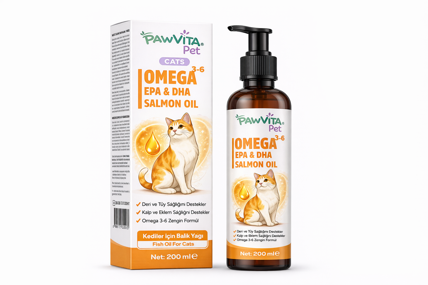 PawVitaPet Kediler İçin Somon Yağı Omega 3-6 (EPA & DHA) – 200 ml