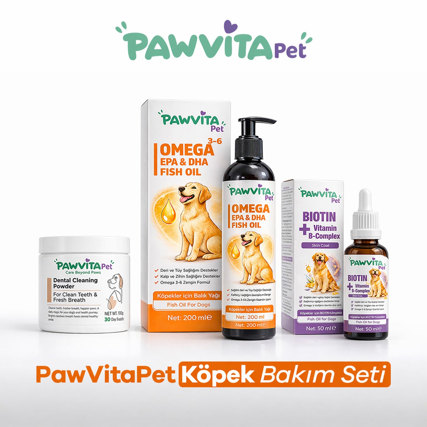 PawVitaPet Köpek Bakım Seti, Diş Sağlığı - Deri & Tüy Desteği - Omega Gücü Hepsi Bir Arada Günlük Tam Bakım Paketi 🐾
