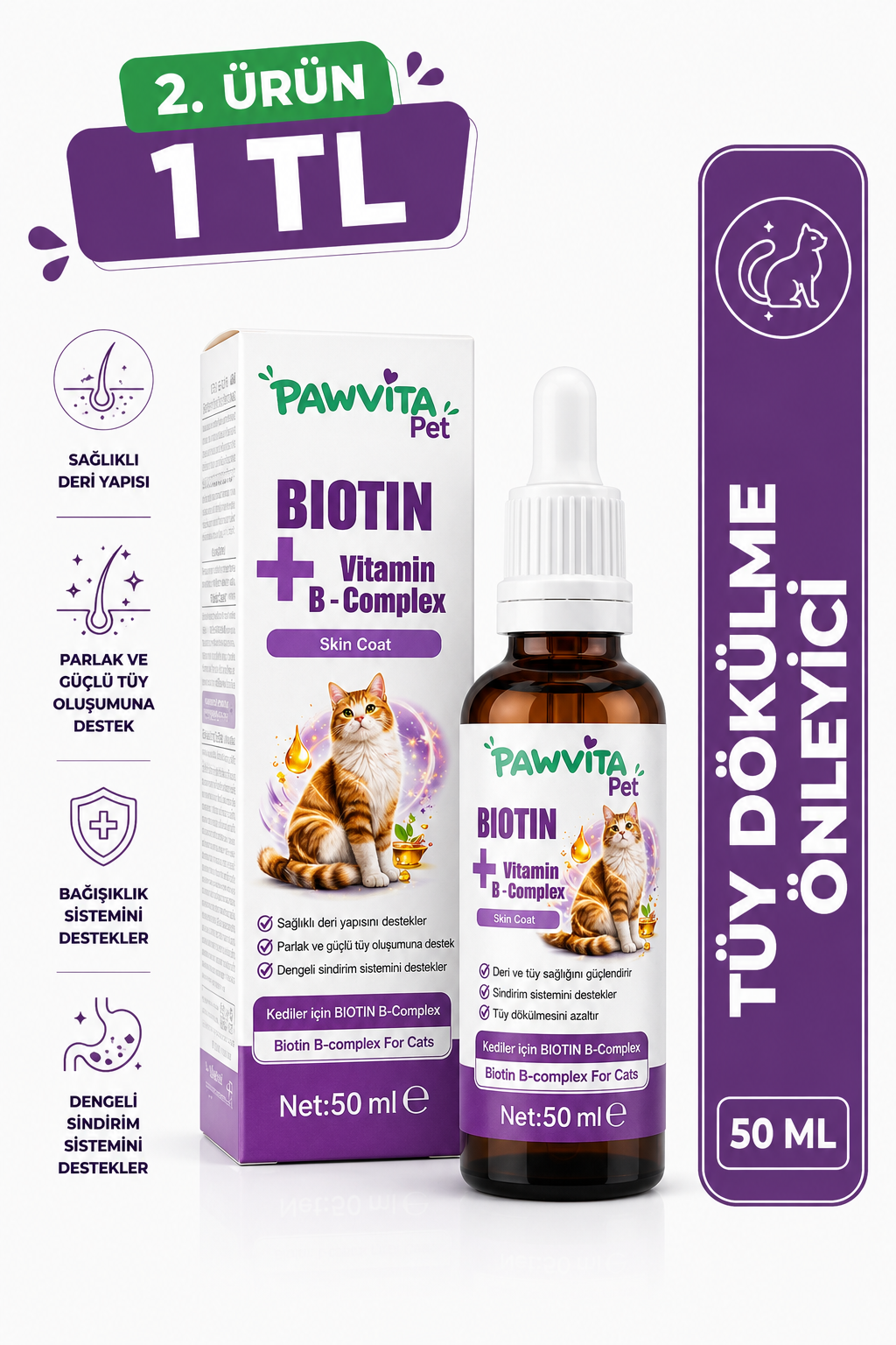 PawVitaPet Kediler İçin Deri & Tüy Sağlığını Destekleyici Biotin & B-Complex Sıvı Damla (50 ml)