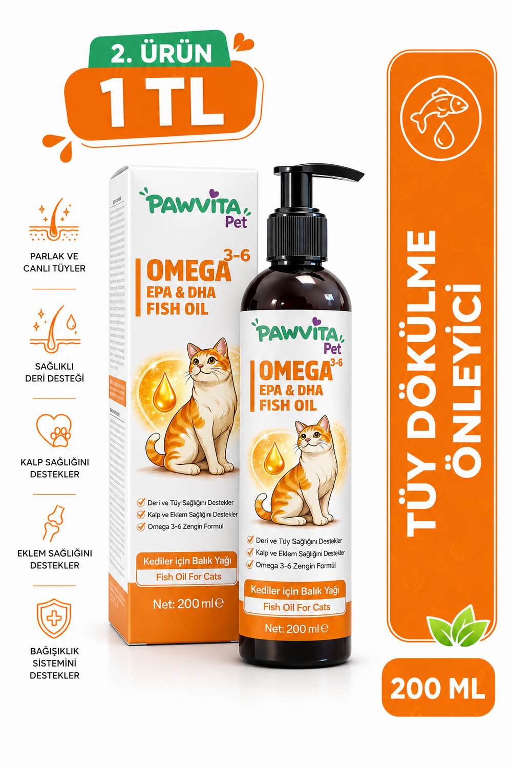 PawVitaPet Kediler İçin Somon Yağı Omega 3-6 (EPA & DHA) – 200 ml