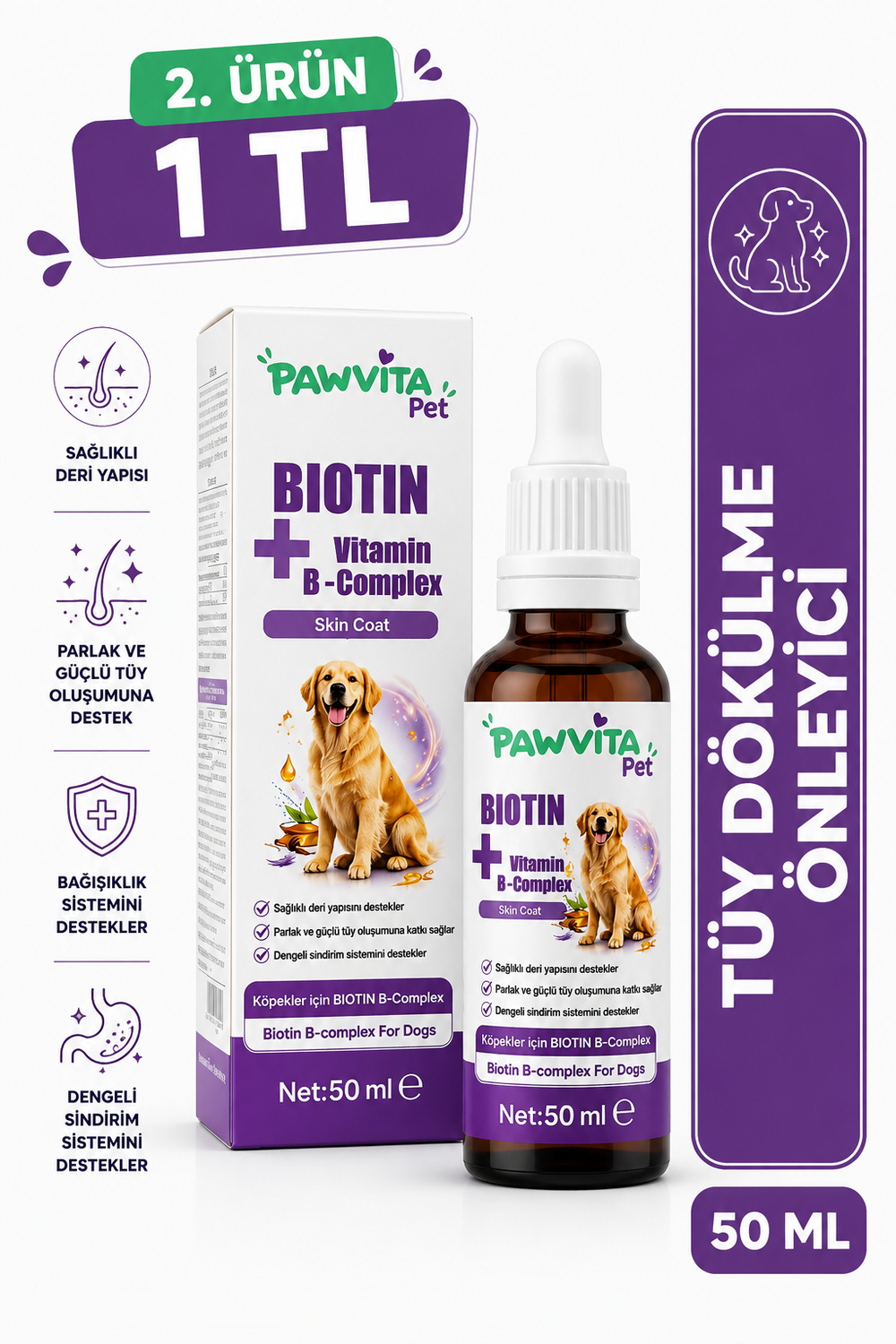 PawVitaPet Köpekler İçin Deri & Tüy Sağlığını Destekleyici Biotin & B-Complex Sıvı Damla (50 ml)