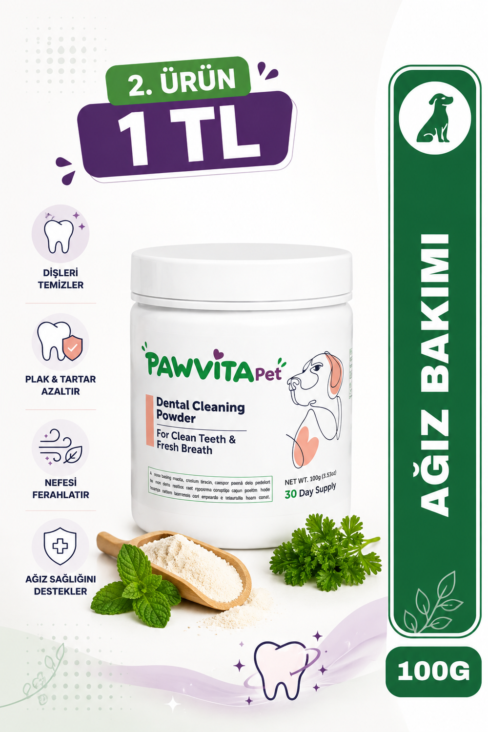 PawVitaPet Köpekler İçin %100 Doğal Diş Temizleme Tozu - Kötü Koku & Plak Kontrolü