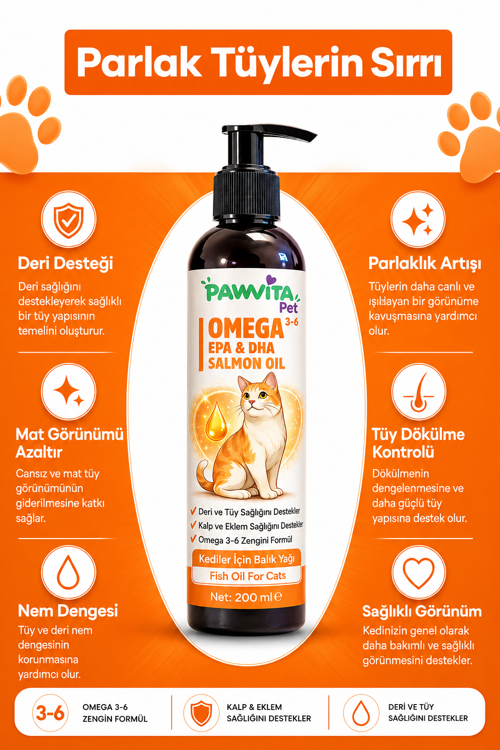 PawVitaPet Kediler İçin Somon Yağı Omega 3-6 (EPA & DHA) – 200 ml