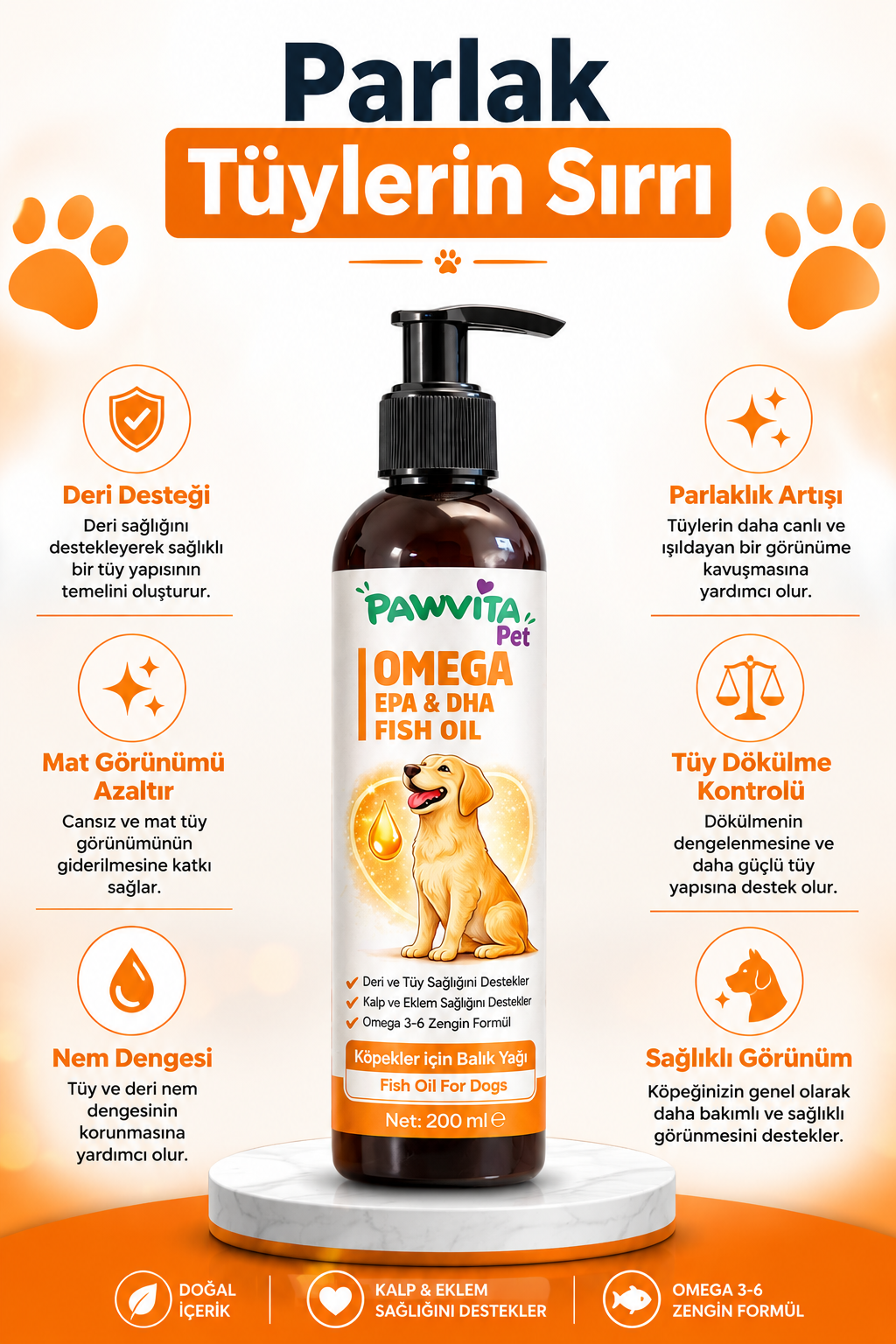 PawVitaPet Köpekler İçin Somon Yağı Omega 3-6 (EPA & DHA) – 200 ml