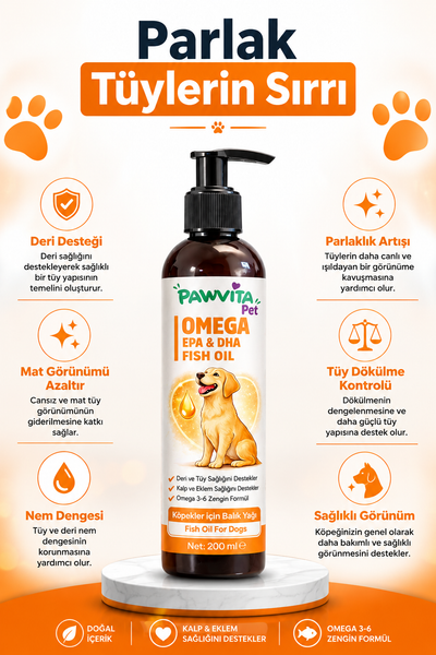 PawVitaPet Köpekler İçin Somon Yağı Omega 3-6 (EPA & DHA) – 200 ml