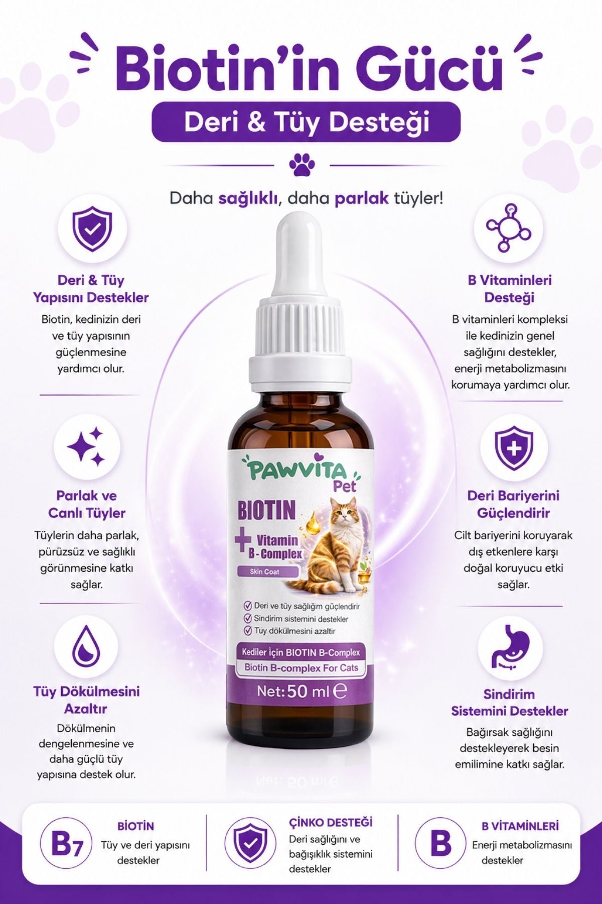 PawVitaPet Kediler İçin Deri & Tüy Sağlığını Destekleyici Biotin & B-Complex Sıvı Damla (50 ml)