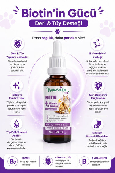 PawVitaPet Kediler İçin Deri & Tüy Sağlığını Destekleyici Biotin & B-Complex Sıvı Damla (50 ml)