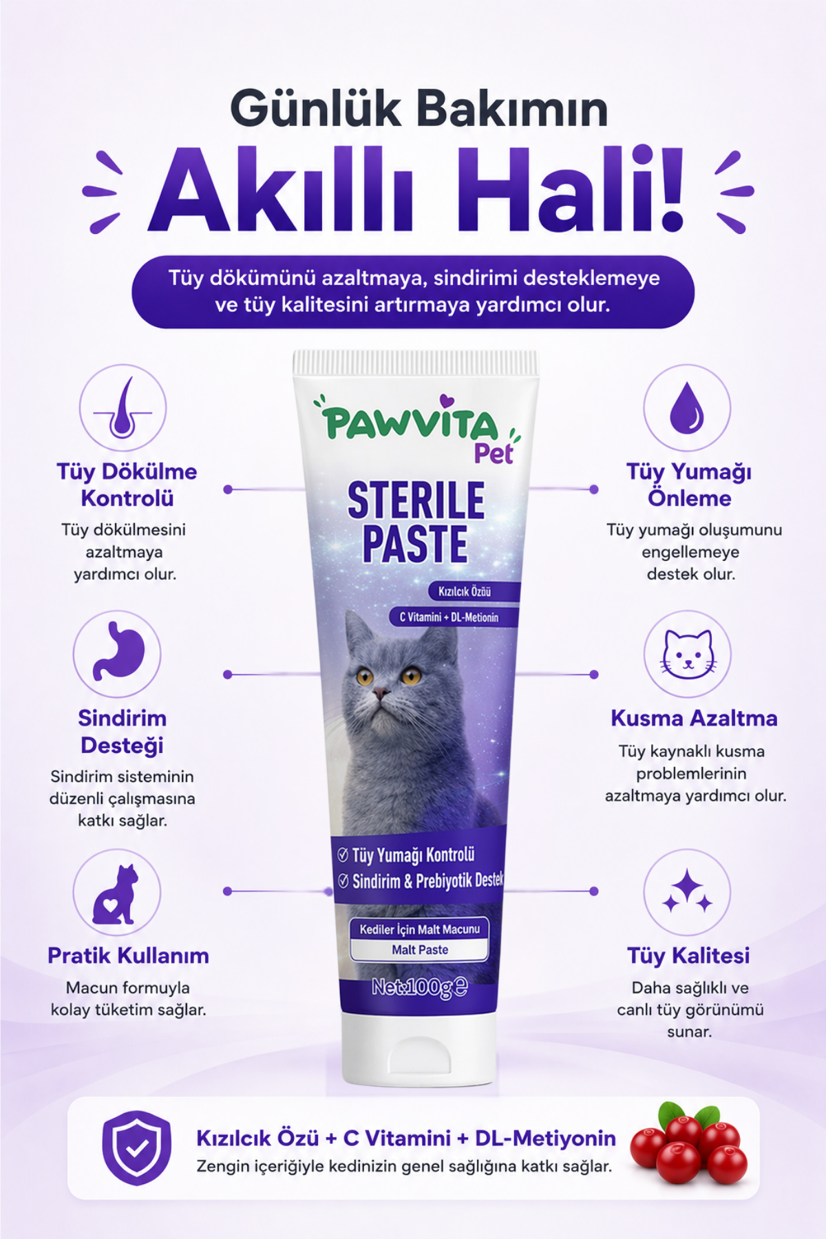 PawVitaPet Kedi Malt Macunu – Tüy Dökülmesini Azaltan, Tüy Yumağı ve Kusma Önleyici Multivitamin Takviyesi (100 gr)