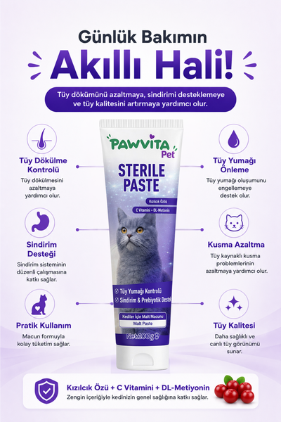 PawVitaPet Kedi Malt Macunu – Tüy Dökülmesini Azaltan, Tüy Yumağı ve Kusma Önleyici Multivitamin Takviyesi (100 gr)