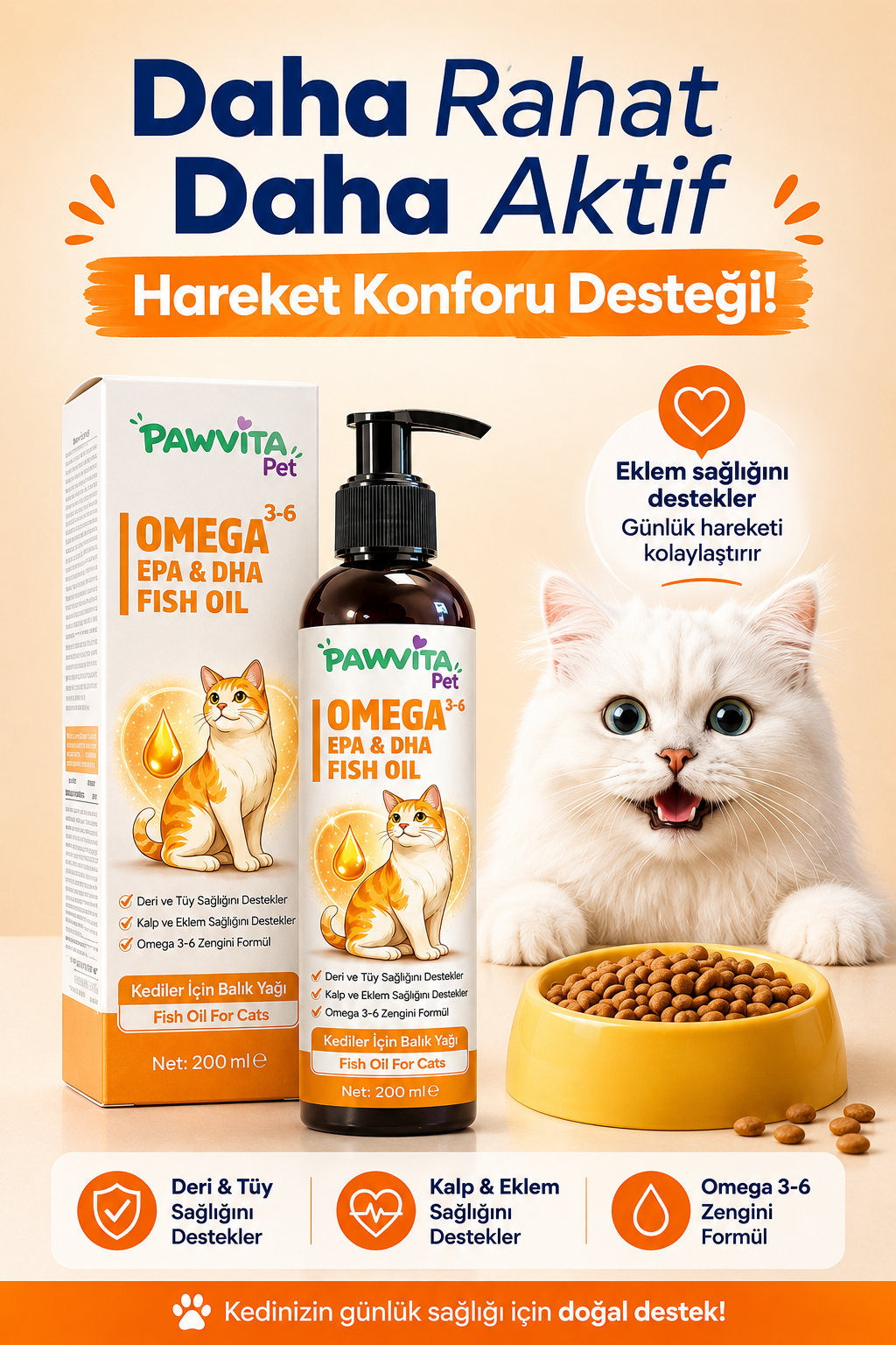 PawVitaPet Kediler İçin Somon Yağı Omega 3-6 (EPA & DHA) – 200 ml