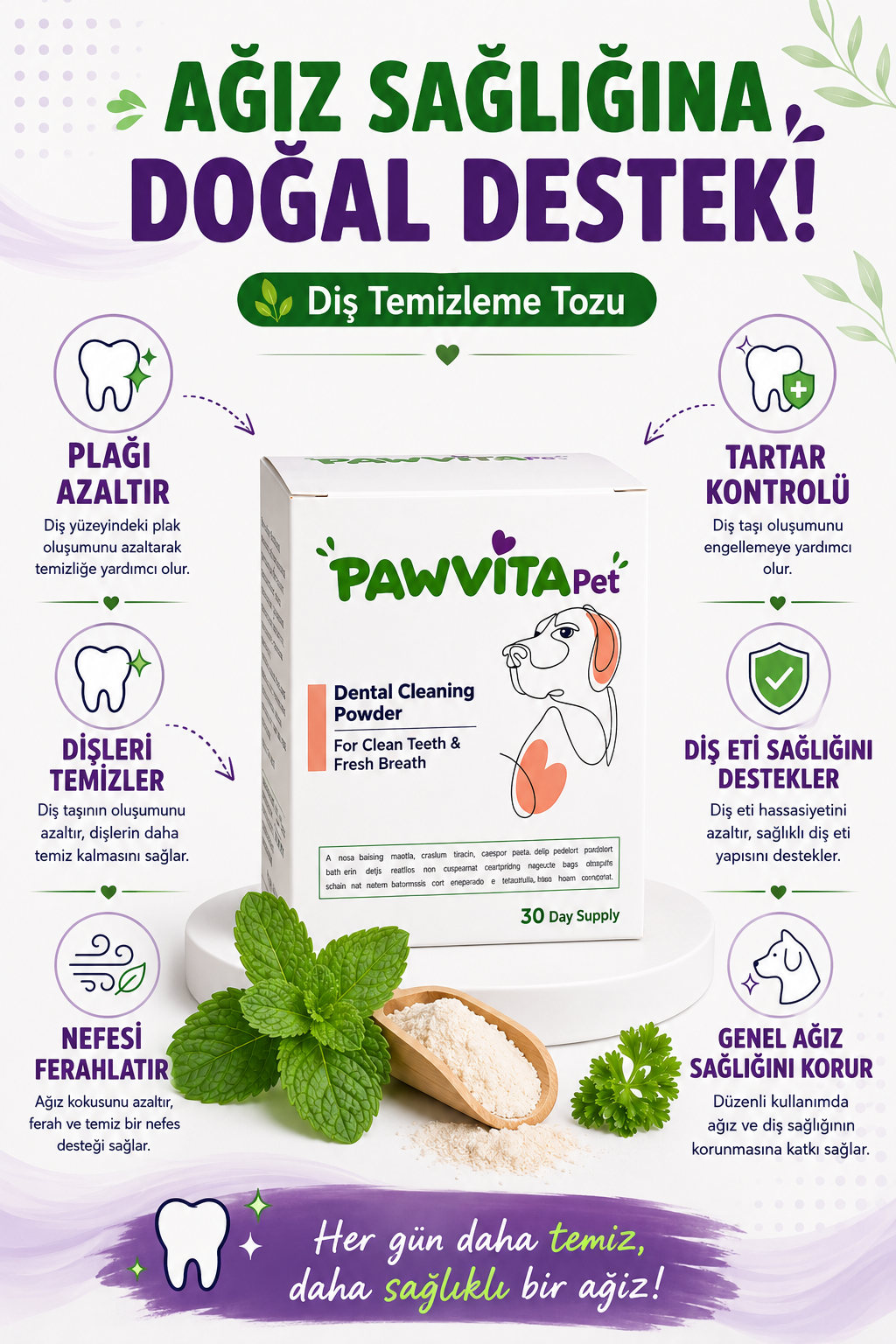 PawVitaPet Köpekler İçin %100 Doğal Diş Temizleme Tozu - Kötü Koku & Plak Kontrolü