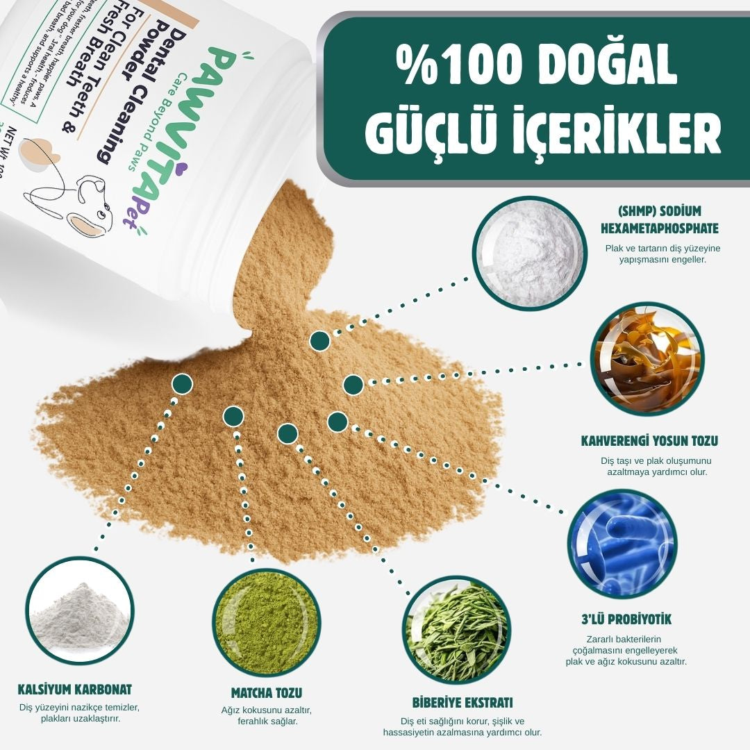 PawVitaPet Köpekler İçin %100 Doğal Diş Temizleme Tozu - Kötü Koku & Plak Kontrolü