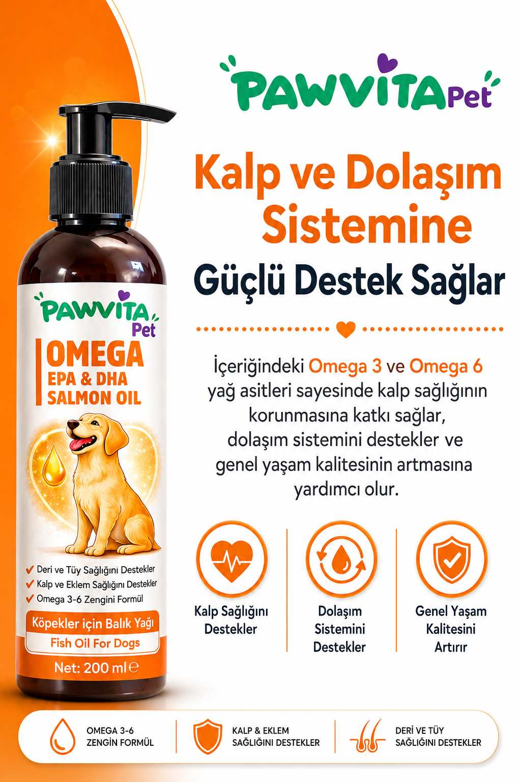 PawVitaPet Köpekler İçin Somon Yağı Omega 3-6 (EPA & DHA) – 200 ml