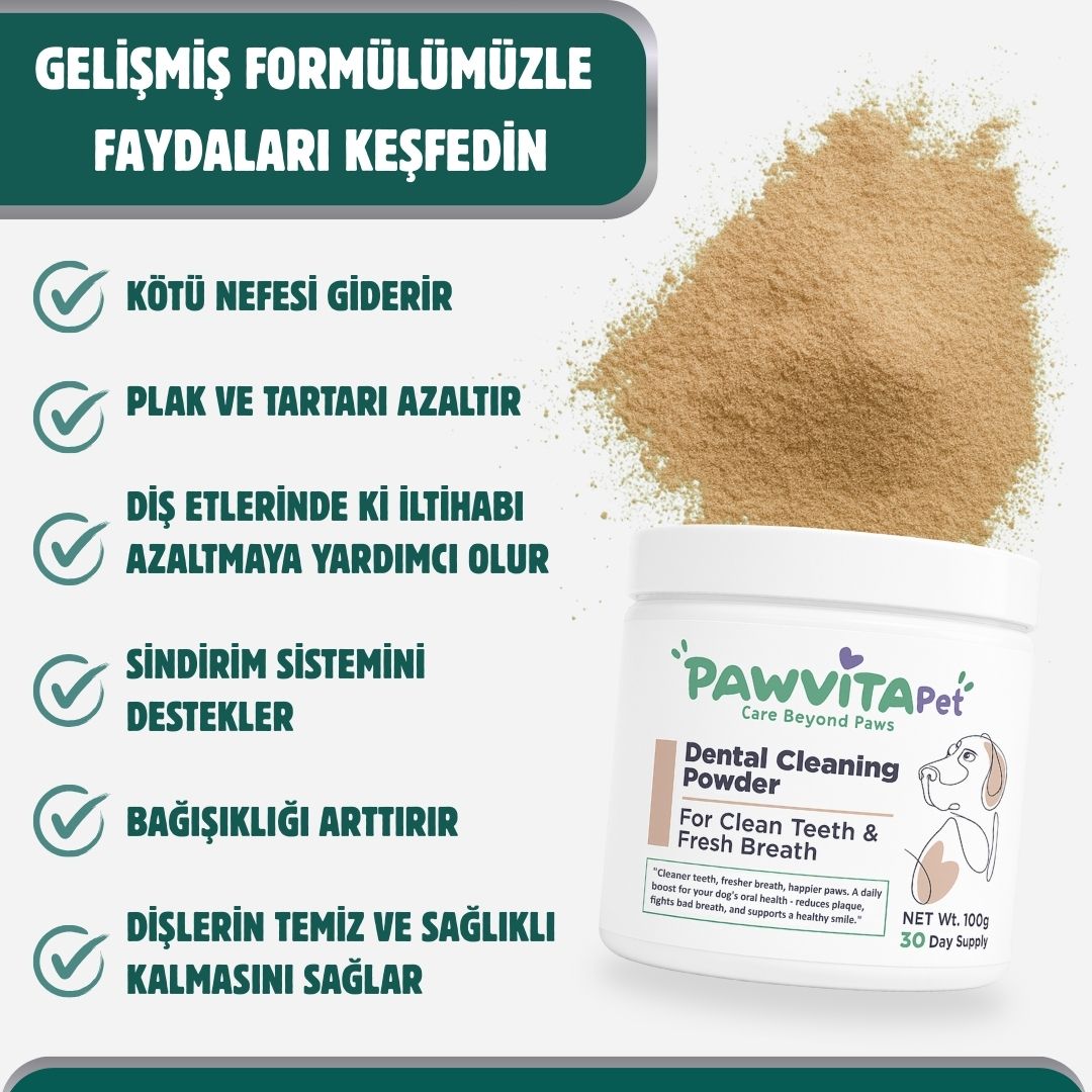 PawVitaPet Köpekler İçin %100 Doğal Diş Temizleme Tozu - Kötü Koku & Plak Kontrolü
