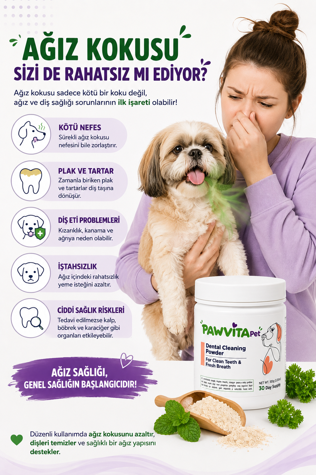 PawVitaPet Köpekler İçin %100 Doğal Diş Temizleme Tozu - Kötü Koku & Plak Kontrolü