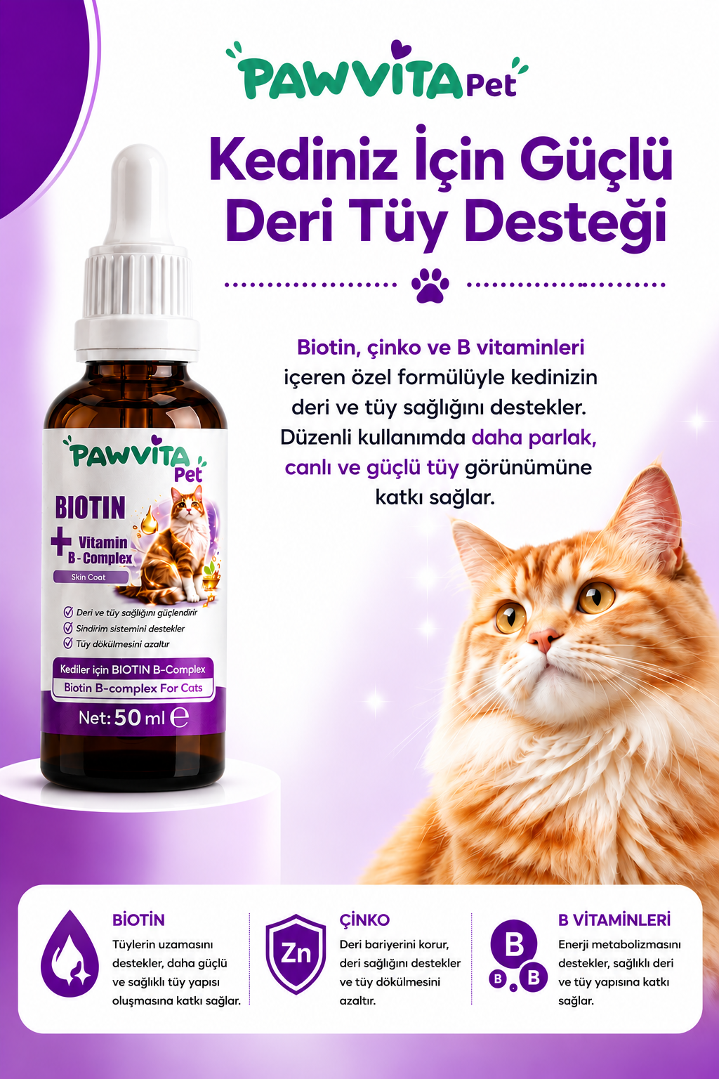 PawVitaPet Kediler İçin Deri & Tüy Sağlığını Destekleyici Biotin & B-Complex Sıvı Damla (50 ml)