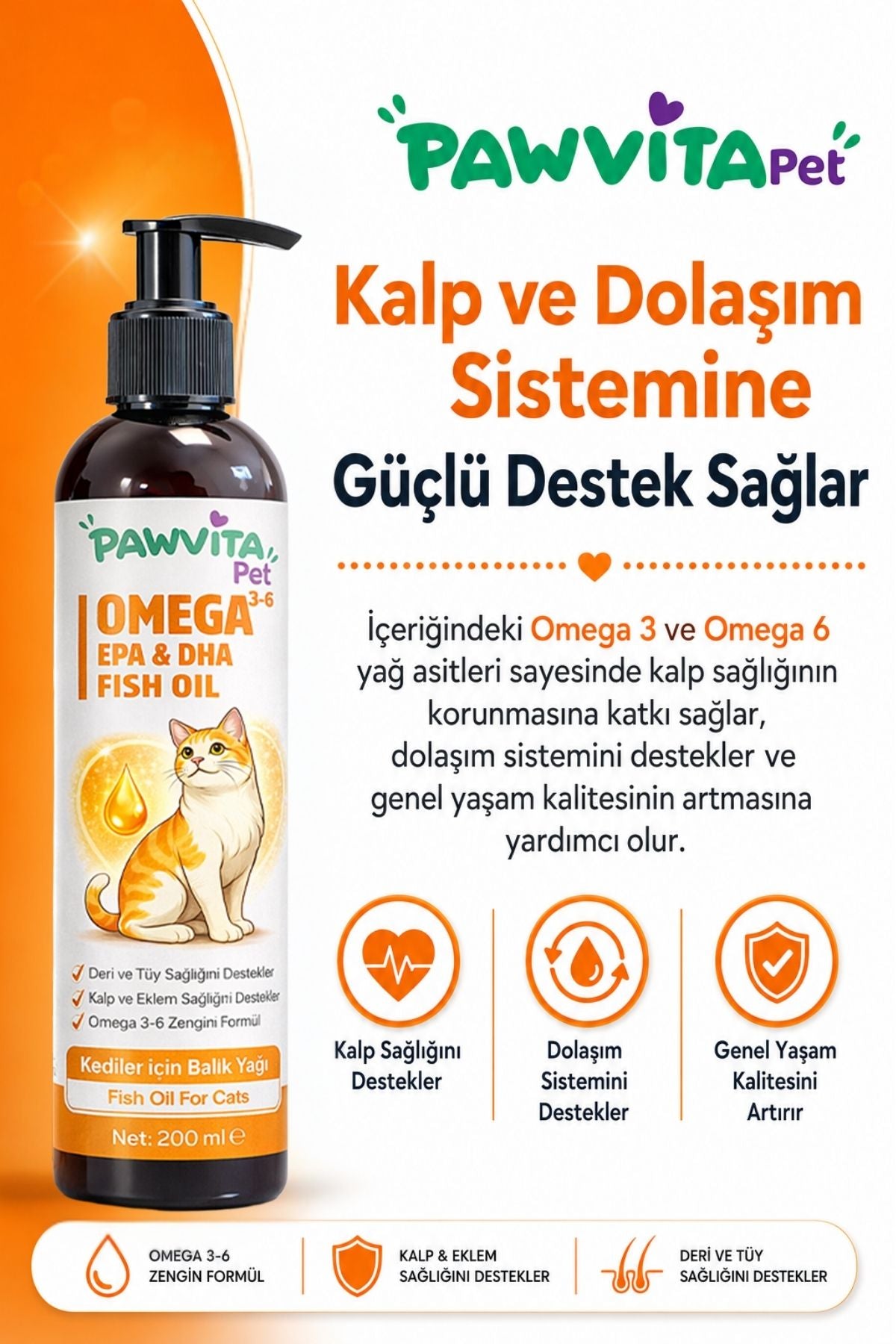 PawVitaPet Kediler İçin Somon Yağı Omega 3-6 (EPA & DHA) – 200 ml
