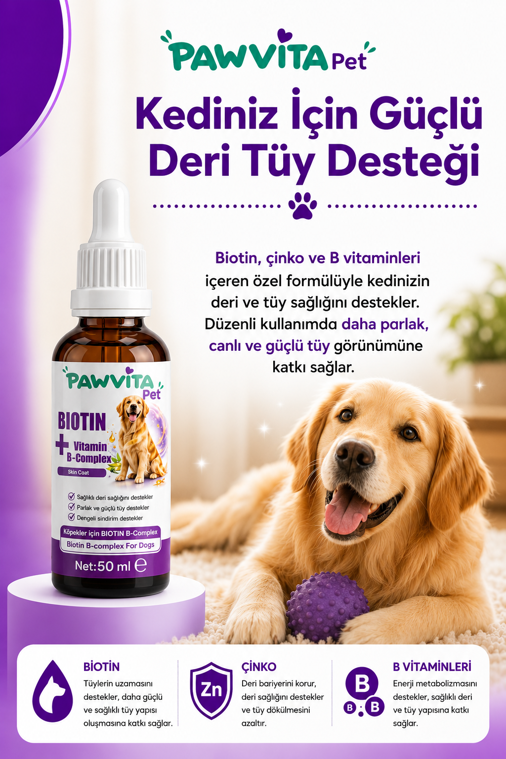 PawVitaPet Köpekler İçin Deri & Tüy Sağlığını Destekleyici Biotin & B-Complex Sıvı Damla (50 ml)