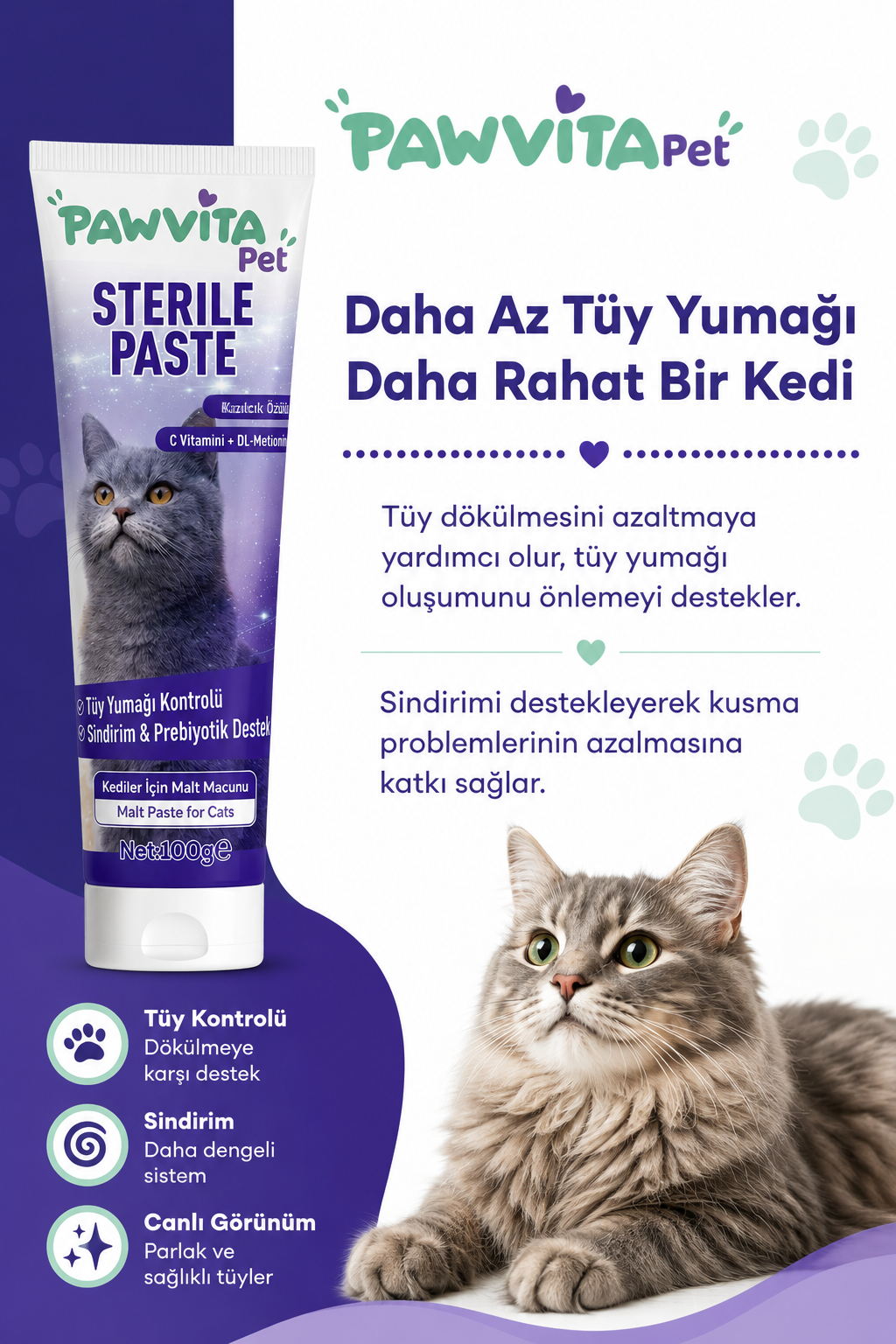 PawVitaPet Kedi Malt Macunu – Tüy Dökülmesini Azaltan, Tüy Yumağı ve Kusma Önleyici Multivitamin Takviyesi (100 gr)