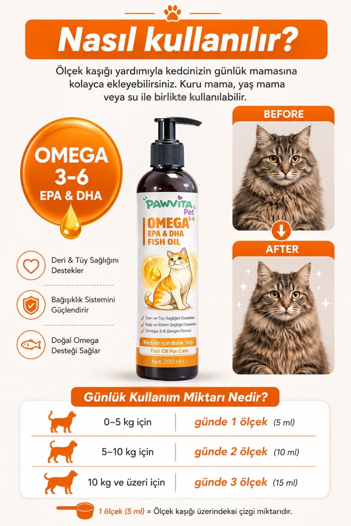PawVitaPet Kediler İçin Somon Yağı Omega 3-6 (EPA & DHA) – 200 ml