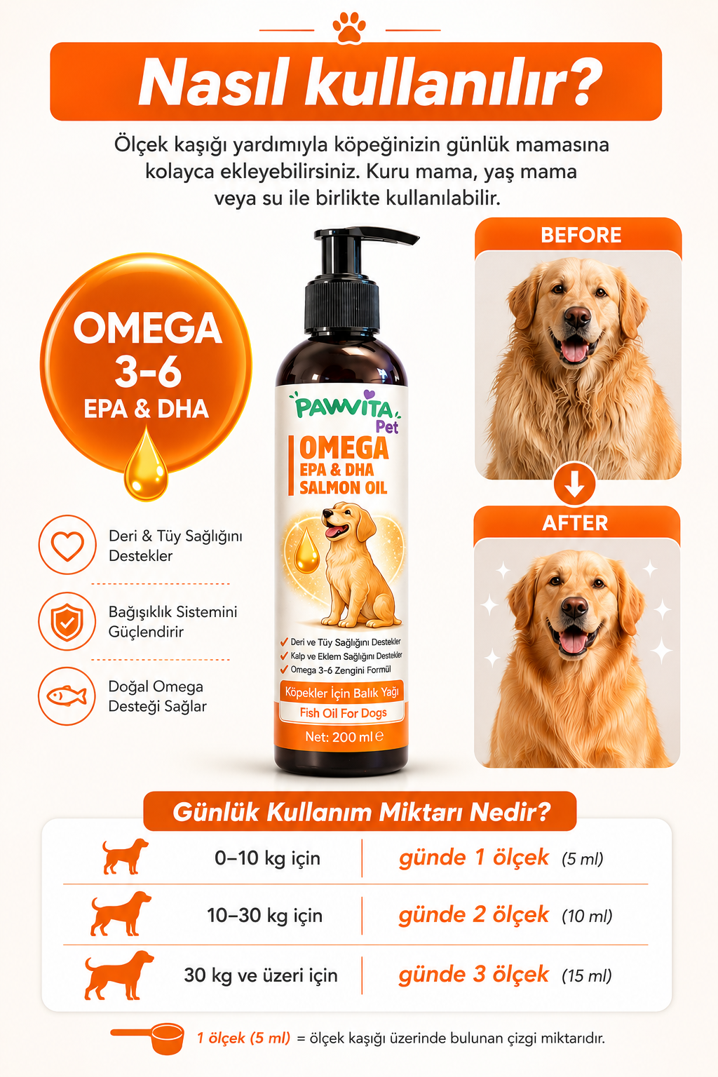 PawVitaPet Köpekler İçin Somon Yağı Omega 3-6 (EPA & DHA) – 200 ml