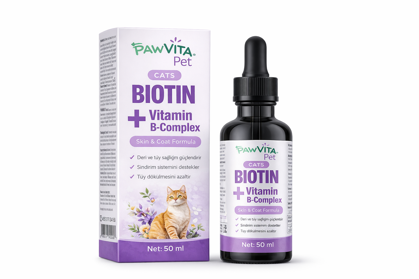 PawVitaPet Kediler İçin Deri & Tüy Sağlığını Destekleyici Biotin & B-Complex Sıvı Damla (50 ml)