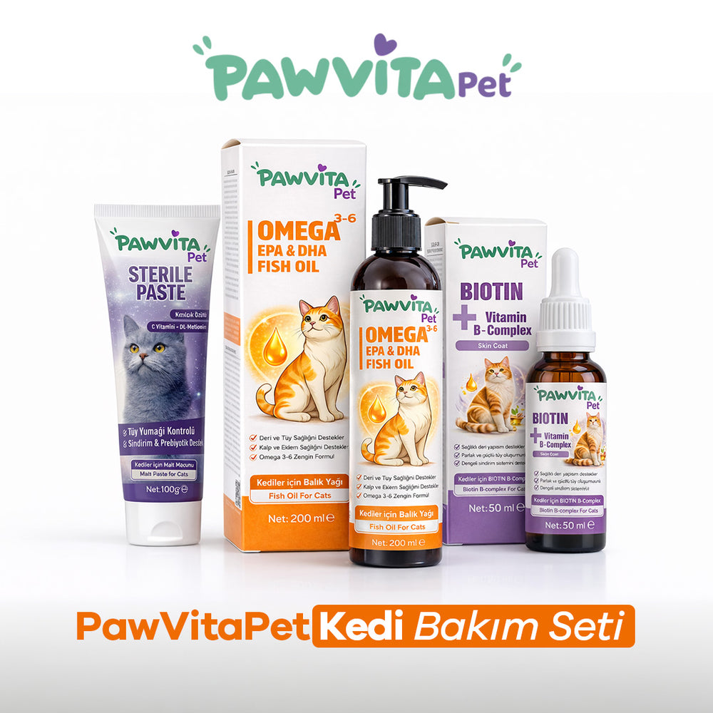 PawVitaPet Kedi Bakım Seti, Deri & Tüy Desteği - Omega Gücü Hepsi Bir Arada Günlük Tam Bakım Paketi 🐾
